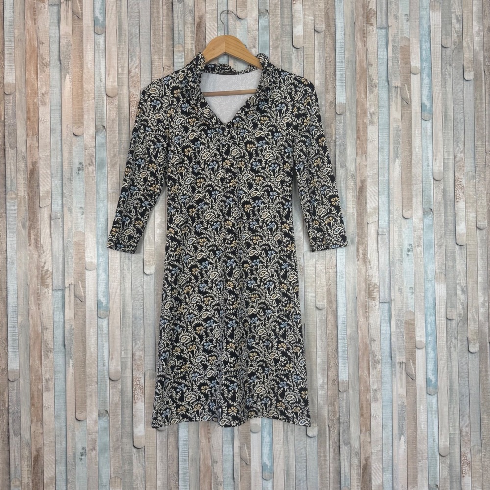 J McLaughlin XS Catalina Cloth Dress Floral Vine Ruffle Neck 3/4 Sleeve Sheath‎